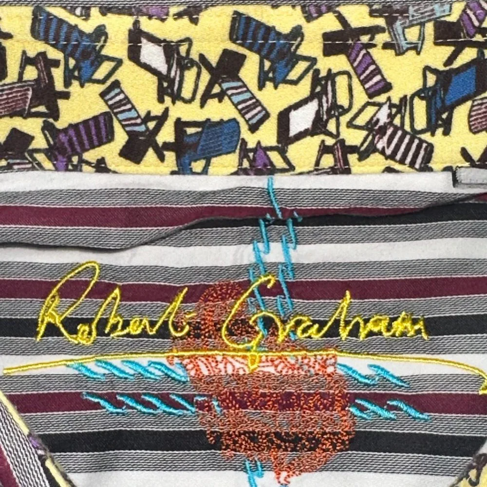 Robert Graham Red White Black Striped Cotton Button Down Dress Shirt‎ Size XL